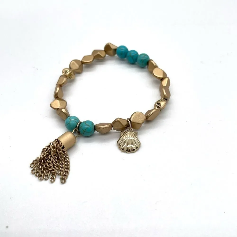 Turquoise and Gold Beads Stretch Bracelet with Tassel and Shell Decor